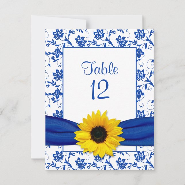 Royal Blue Sunflower Damask Wedding Table Card (Front)