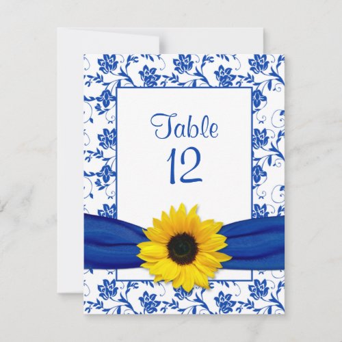 Royal Blue Sunflower Damask Wedding Table Card