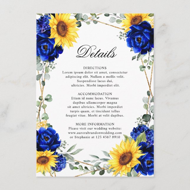 Royal Blue Sunflower Geometric Wedding Details  En Enclosure Card (Front)