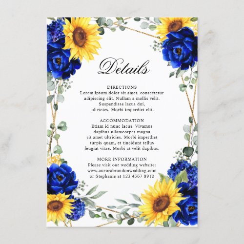 Royal Blue Sunflower Geometric Wedding Details  En Enclosure Card