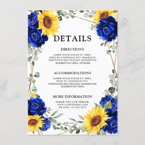 Royal Blue Sunflower Geometric Wedding Details  Enclosure Card