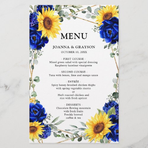 Royal Blue Sunflower Geometric Wedding Menu    