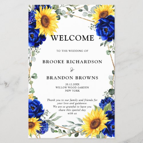 Royal Blue Sunflower Geometric Wedding Program