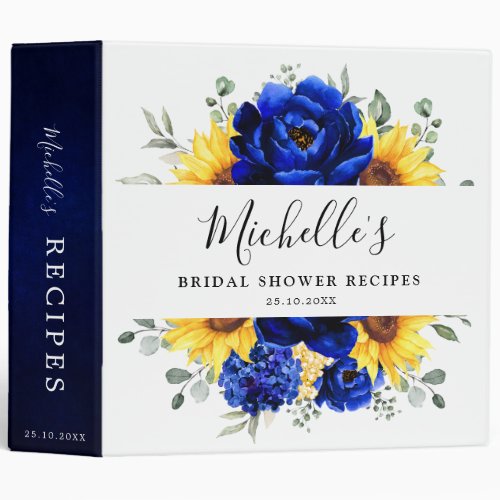 Royal Blue Sunflower Modern Bridal Shower Recipes 3 Ring Binder