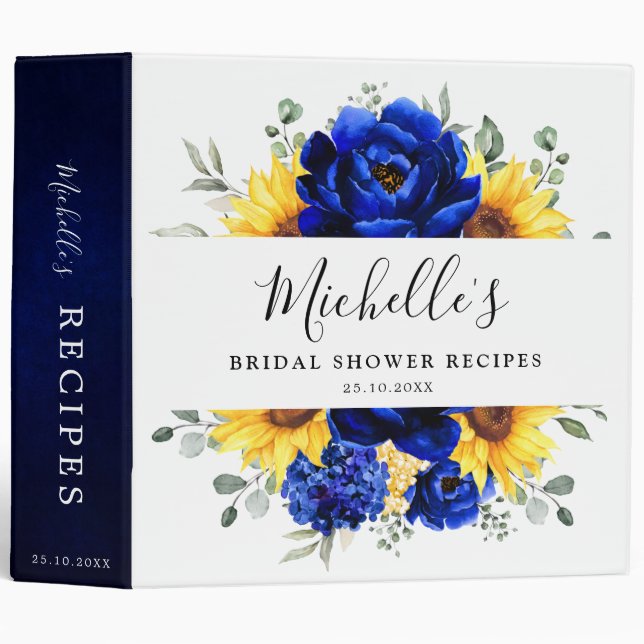 Royal Blue Sunflower Modern Bridal Shower Recipes 3 Ring Binder (Front/Spine)