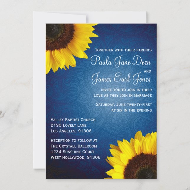 Royal Blue & Sunflower Wedding Invitation (Front)