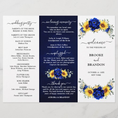 Royal Blue Sunflower Wedding Tri_fold Program card