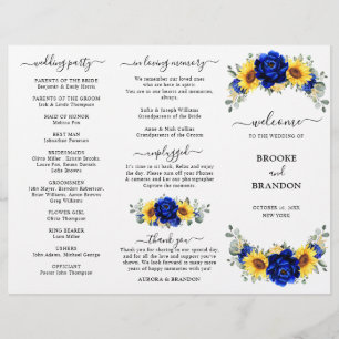 Royal Blue Sunflower Wedding Tri-fold Program card