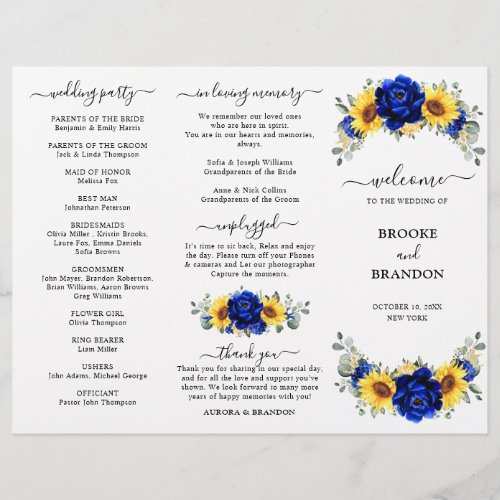 Royal Blue Sunflower Wedding Tri_fold Program card