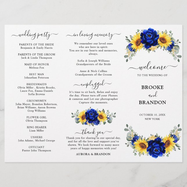 Royal Blue Sunflower Wedding Tri-fold Program card (Front)