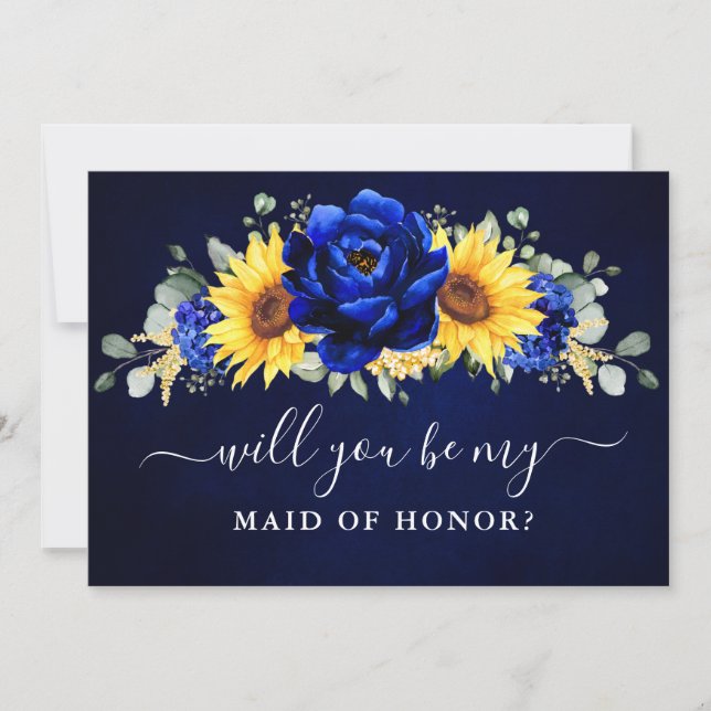 Royal Blue Sunflower Will you be my Maid of Honor Invitation (Front)