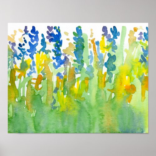 Royal Blue Sunshine Yellow Watercolor Flowers Poster