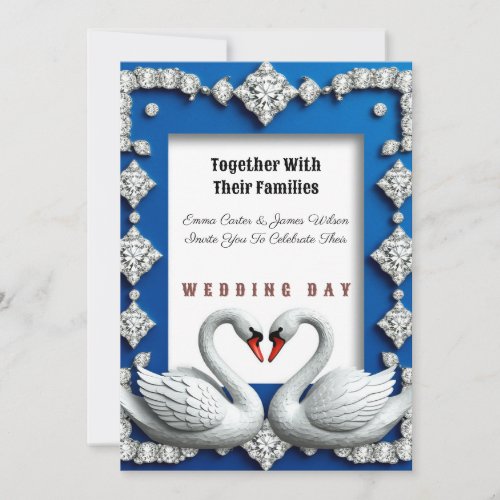  Royal Blue Swan Heart Diamond Wedding Invitation