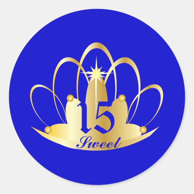 Royal Blue Sweet 15 Tiara Sticker-Customize Classic Round Sticker (Front)
