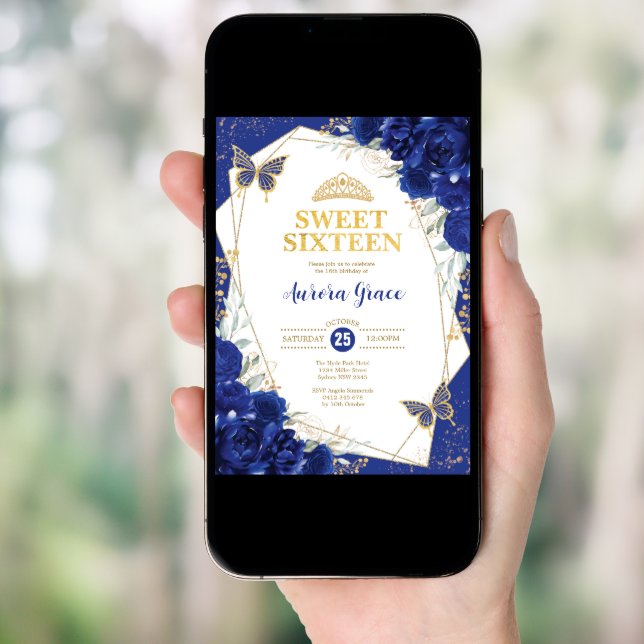 Royal Blue Sweet 16 Butterflies Geometric Party Invitation (Front Digital)