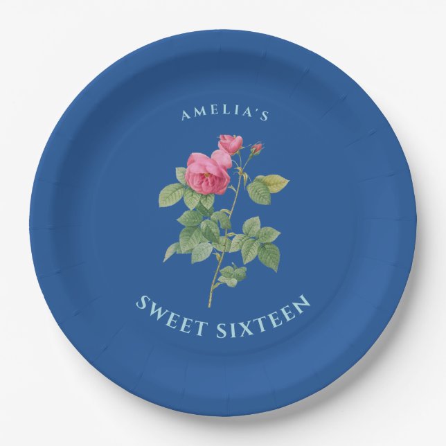 Royal Blue Sweet 16 Floral Paper Plates (Front)