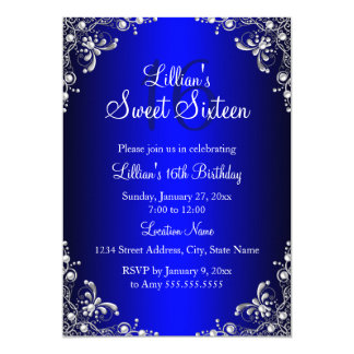 Royal Blue Sweet 16 Silver Pearl Damask Card