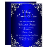 Royal Blue Sweet 16 Silver Pearl Damask Invitation