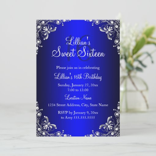 Royal Blue Sweet 16 Silver Pearl Damask Invitation Zazzle