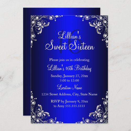 Royal Blue Sweet 16 Silver Pearl Damask Invitation