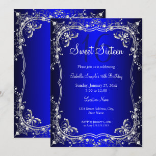 Royal Blue Sweet 16 Silver Pearl Damask party Invitation