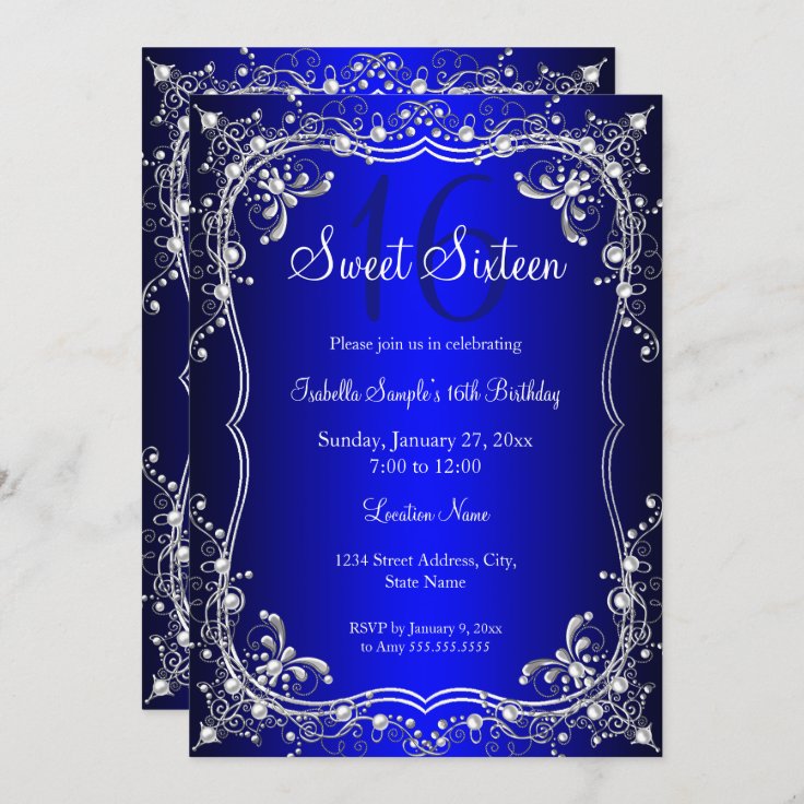 Royal Blue Sweet 16 Silver Pearl Damask Party Invitation Zazzle