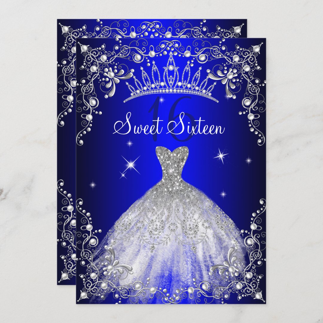 Royal Blue Sweet 16 Silver Pearl Dress Party Invitation Zazzle