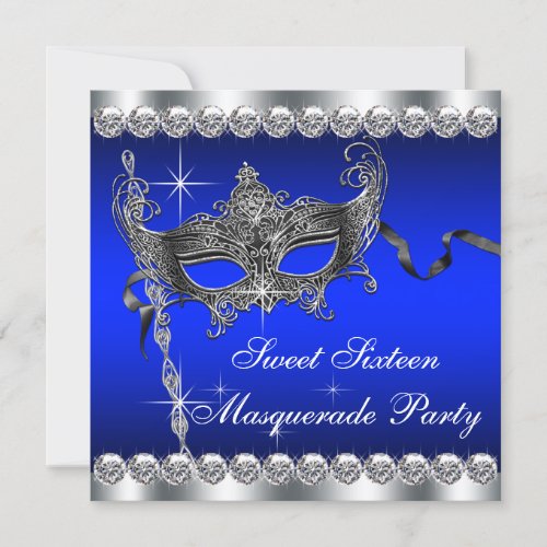 Royal Blue Sweet Sixteen Masquerade Party Invitation