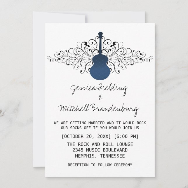 Royal Blue Swirls Guitar Wedding Invitation (Front)
