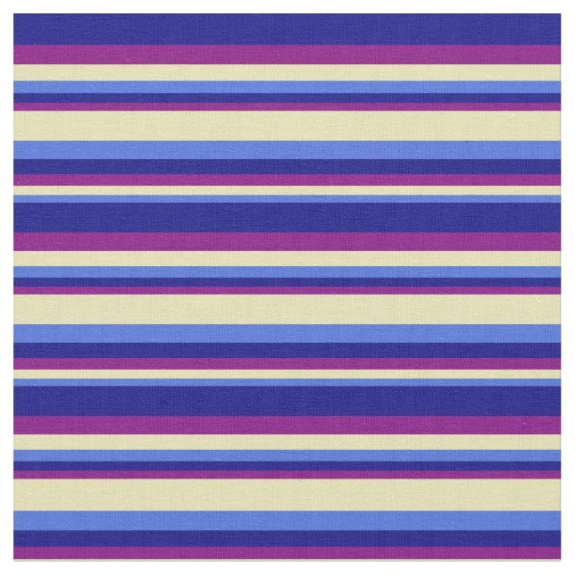 Royal Blue, Tan, Purple, and Blue Stripes Pattern Fabric (Close Up)