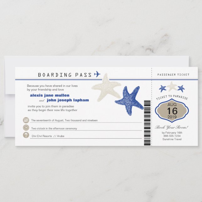 Royal Blue Tan Starfish Boarding Pass Wedding Invitation (Front)