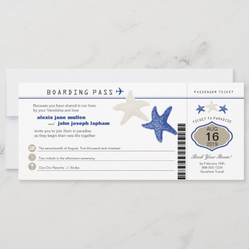 Royal Blue Tan Starfish Boarding Pass Wedding Invitation