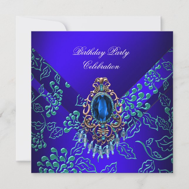 Royal Blue Teal Damask Floral Birthday Party Invitation (Front)