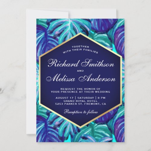 Royal Blue Teal Gold Foil Tropical Leaves Wedding Invitation