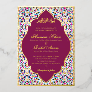 Royal Blue Teal Ivory Floral Motif Muslim Wedding Foil Invitation