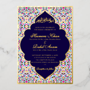 Royal Blue Teal Ivory Floral Motif Muslim Wedding Foil Invitation