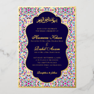 Royal Blue Teal Ivory Floral Motif Muslim Wedding Foil Invitation