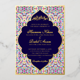 Royal Blue Teal Ivory Floral Motif Muslim Wedding Foil Invitation