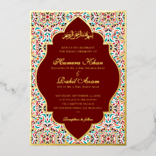 Royal Blue Teal Ivory Floral Motif Muslim Wedding Foil Invitation