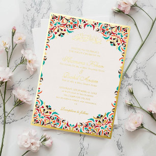 Royal Blue Teal Ivory Floral Motif Muslim Wedding Foil Invitation
