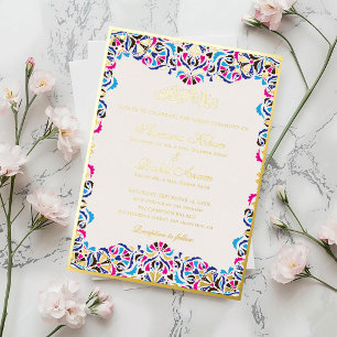 Royal Blue Teal Ivory Floral Motif Muslim Wedding  Foil Invitation