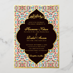 Royal Blue Teal Ivory Floral Motif Muslim Wedding Foil Invitation