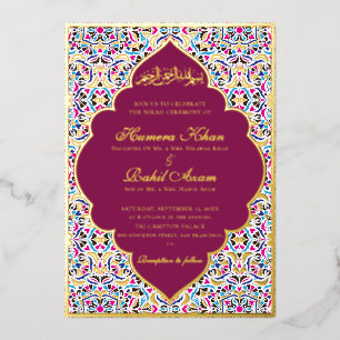 Royal Blue Teal Ivory Floral Motif Muslim Wedding Foil Invitation