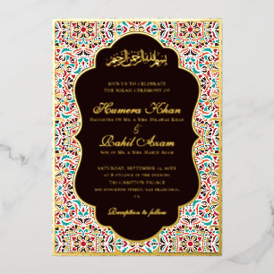Royal Blue Teal Ivory Floral Motif Muslim Wedding Foil Invitation