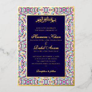Royal Blue Teal Ivory Floral Motif Muslim Wedding Foil Invitation