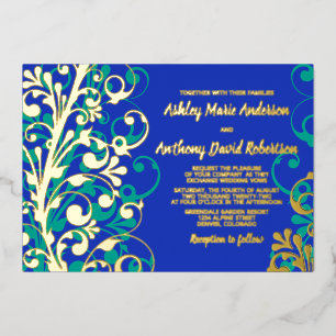 Royal Blue Teal Real Gold Foil Floral Wedding Invitation