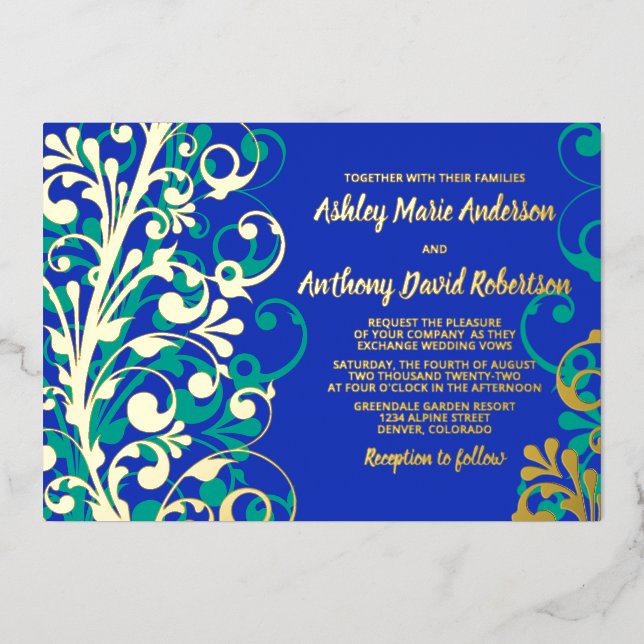 Royal Blue Teal Real Gold Foil Floral Wedding Invitation (Front)