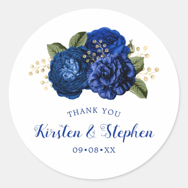 Royal Blue Thank You Wedding Bridal Shower Favor Classic Round Sticker (Front)