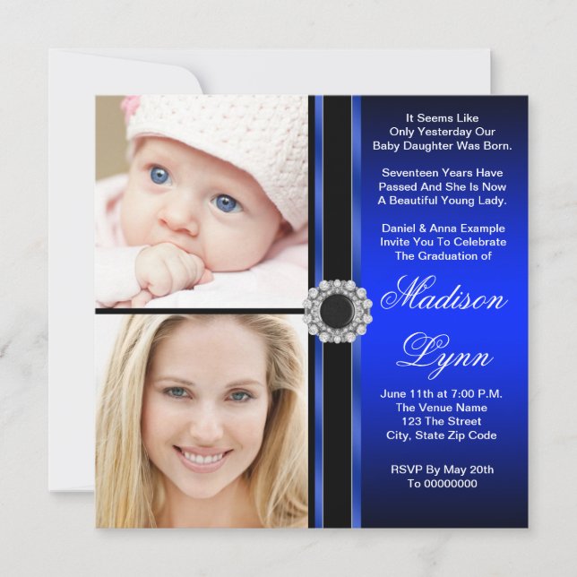 Royal Blue Then and Now Photo Any Occasion Invitation (Front)