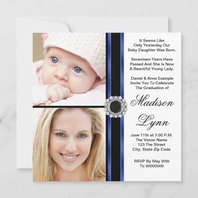 Royal Blue Then and Now Photo Graduation Invitation (Front)